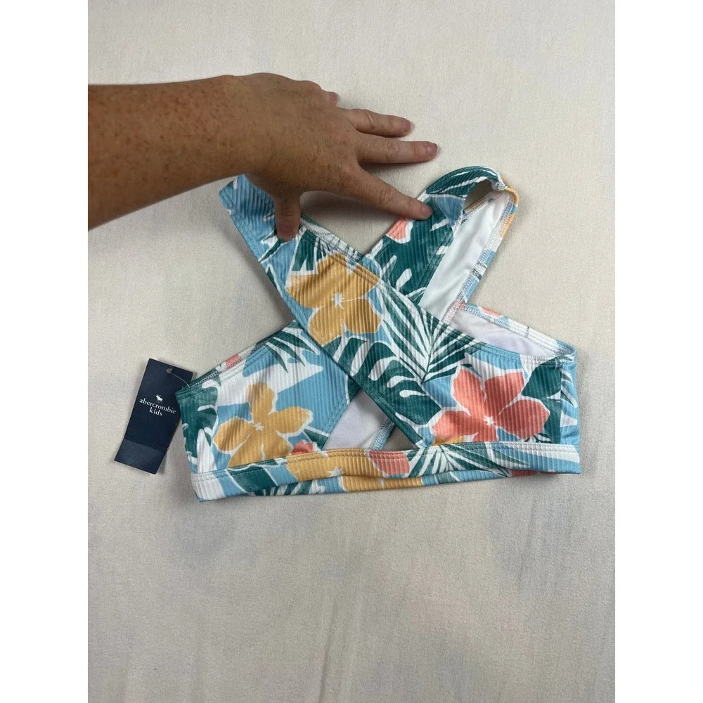 Abercrombie Kids Girls Tropical Floral Ribbed Wrap Bikini Set Blue Size 9/10 NWT